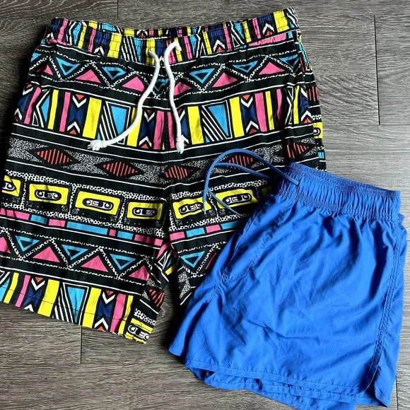 H&M Swim Trunks Bundle of 2 Men's Size Medium 32 Tribal Blue Shorts Pocket 3" 5" - Picture 1 of 8